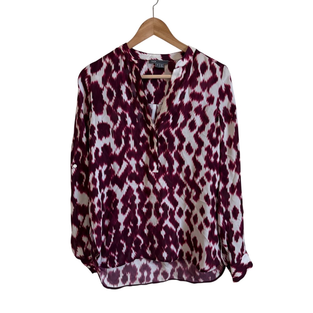 Vince Women's Size 2 Blouse Silk Plum Abstract Print Long Sleeve Top